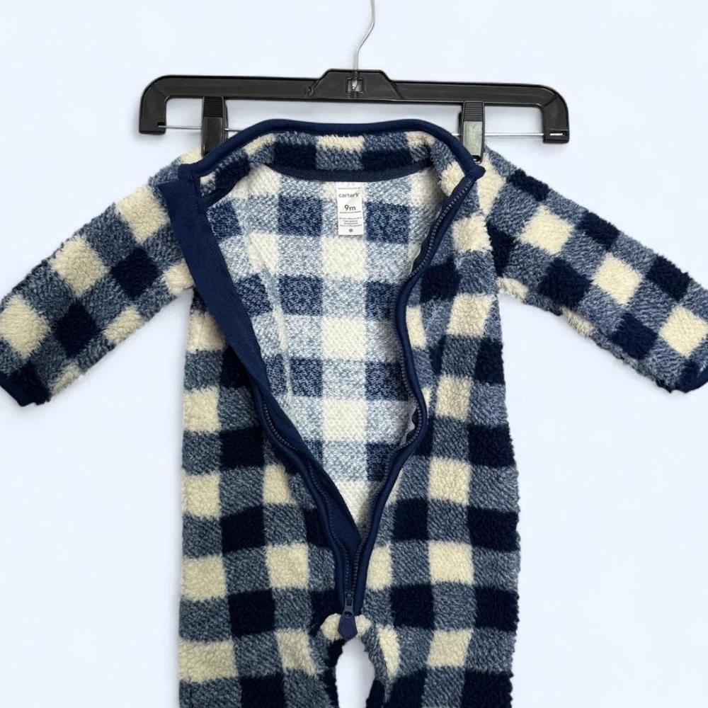 Carter's Baby Bodysuit Sz‎ 9 Months Blue White Plaid Checkered Winter Fleece Zip